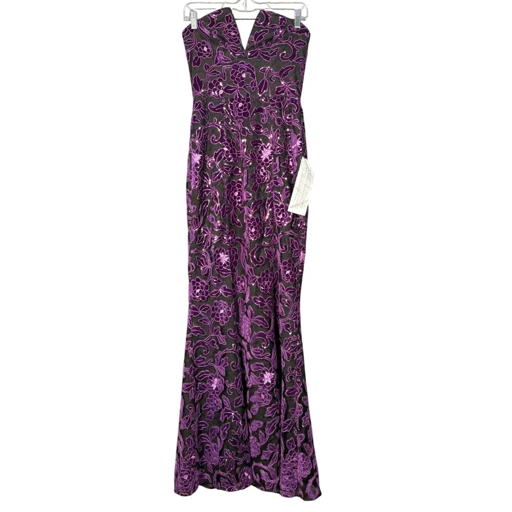 Dress The Population Fernanda Gown Midnight Plum Strapless Floral Sequin Small - Picture 2 of 14